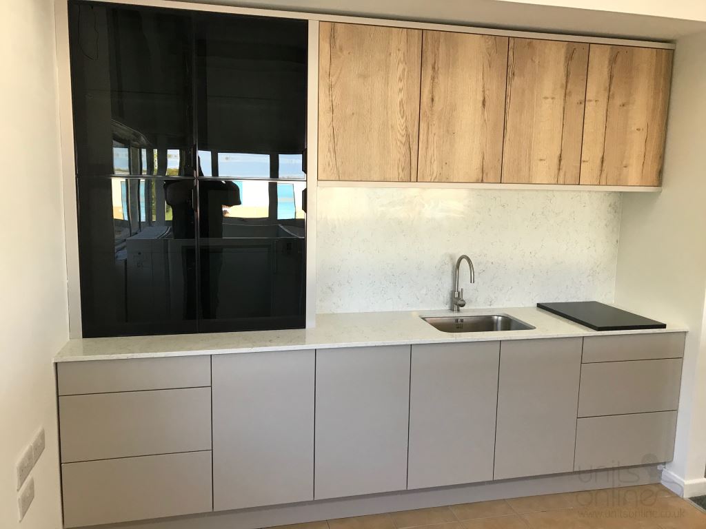 Porter Matt Cashmere, with feature black glass and feature reclaimed oak