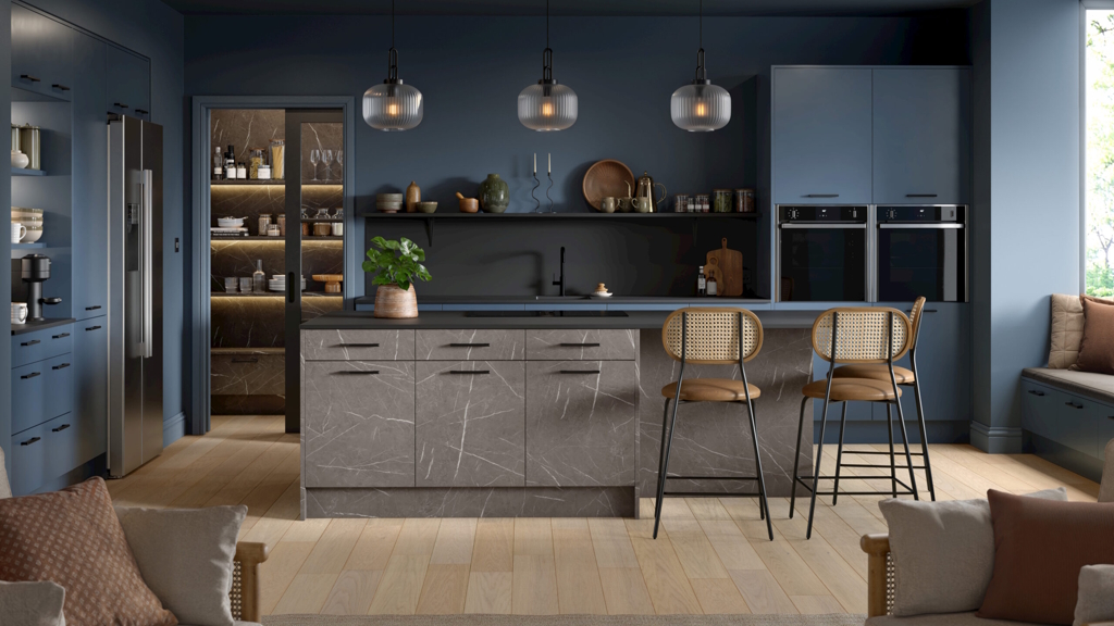 Aspects Bespoke Matt Alby Blue with marmo patagonia kitchen
