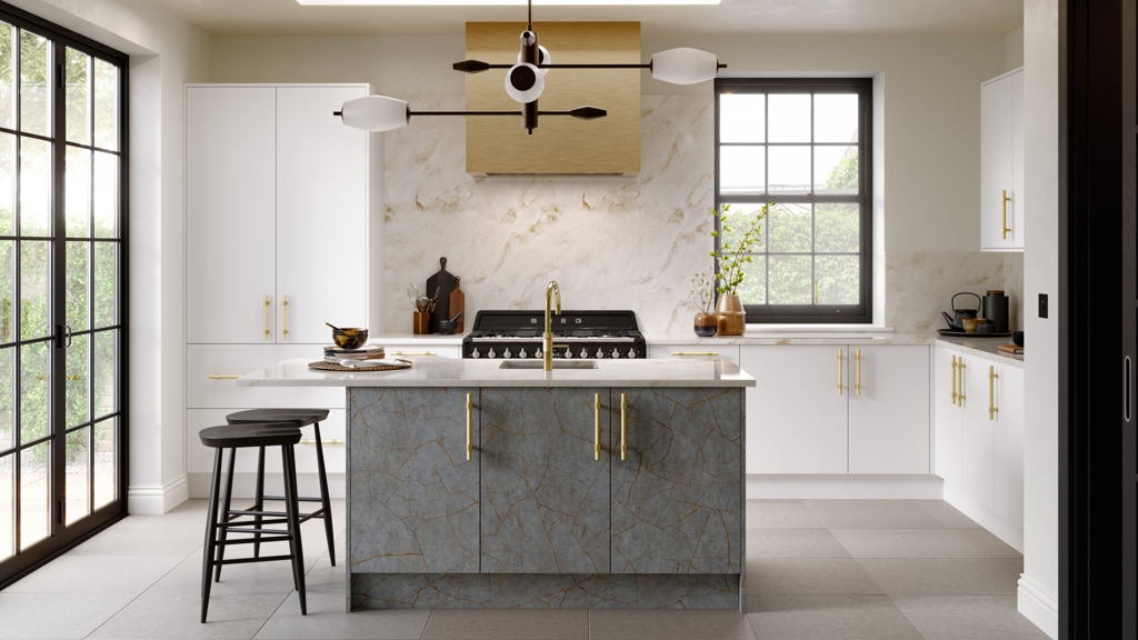 Aspects Bespoke Matt Snow White with Porcelain Gold Grey kitchen