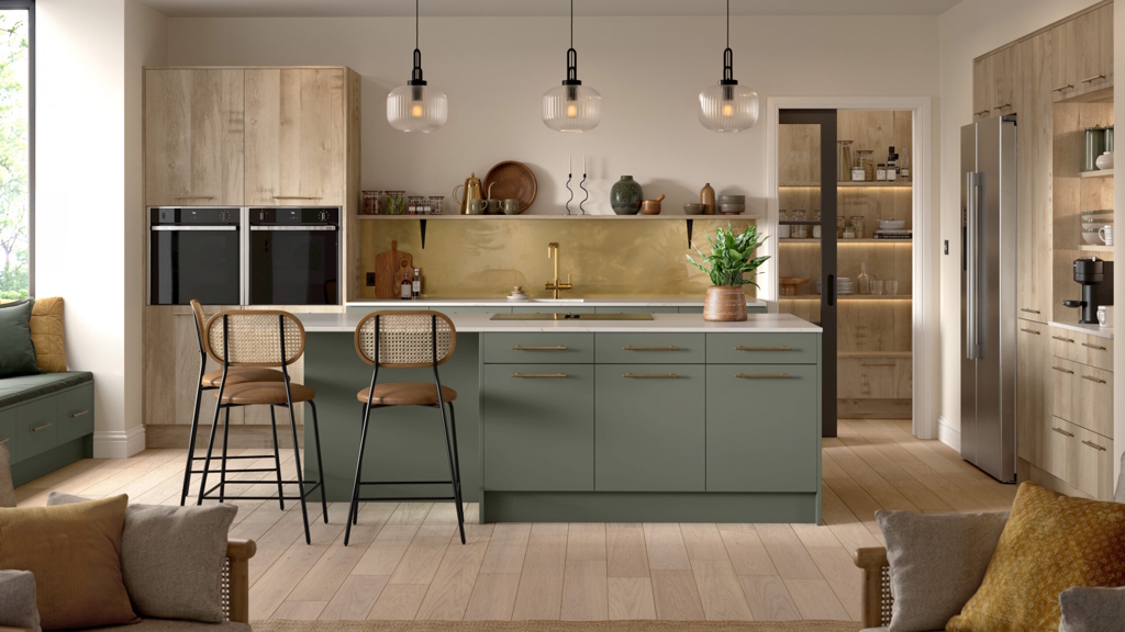 Aspects Bespoke Natural Chalet Oak with matt smoke green kitchen
