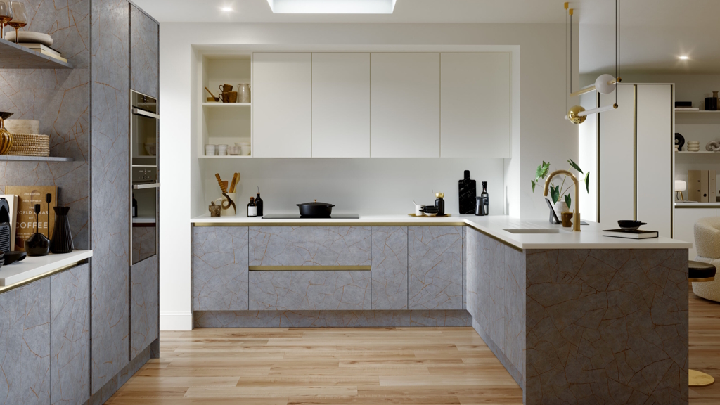 Aspects Bespoke Porcelain Gold Grey with matt snow white kitchen