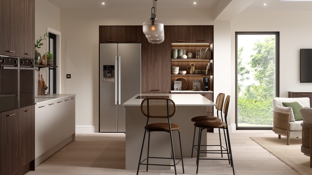 Aspects Bespoke Vanguard Walnut with matt cashmere kitchen