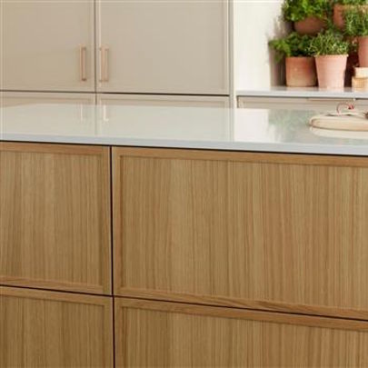 Brackenbury kitchen close up in warm stone and natural oak