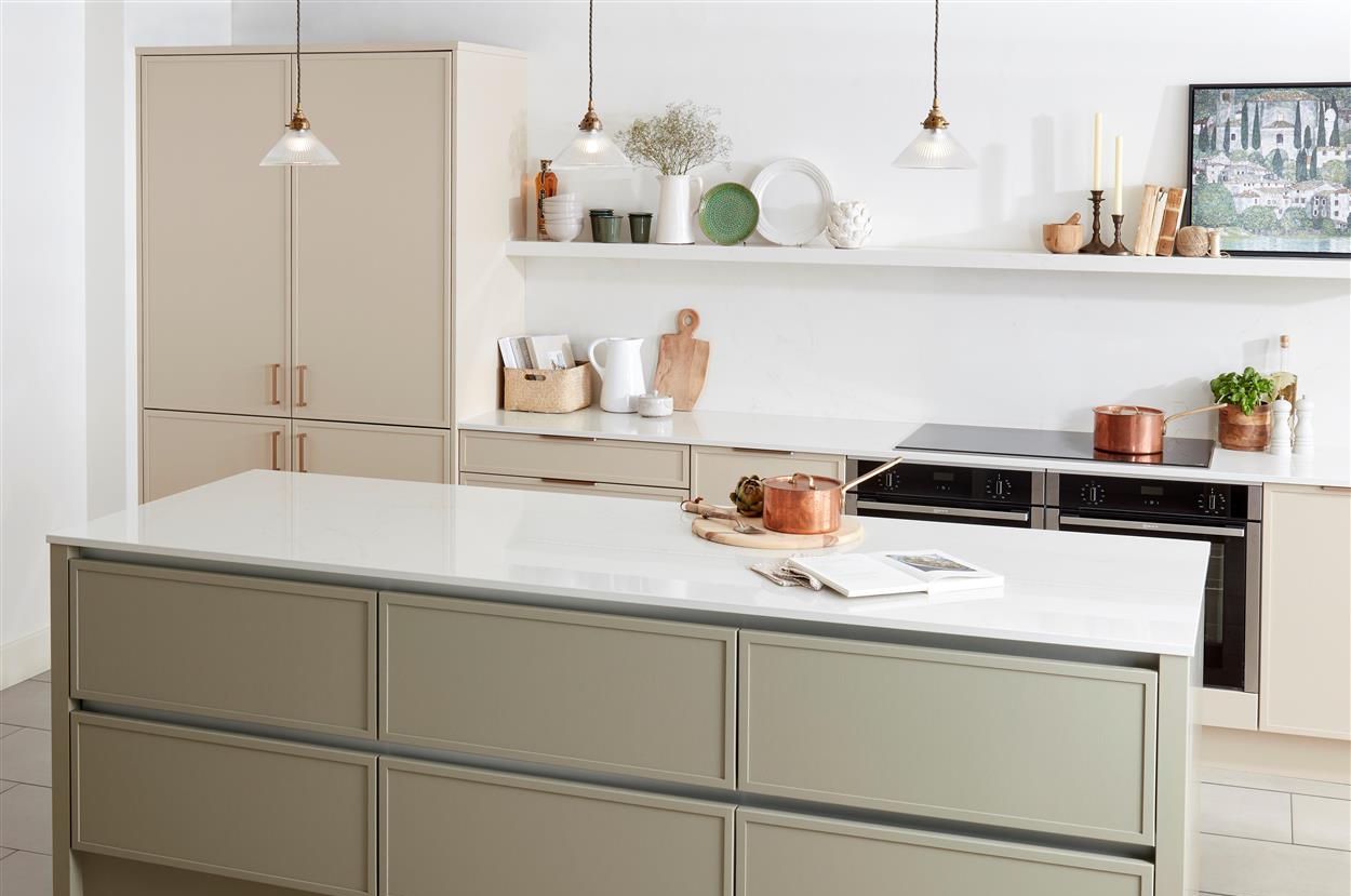 Brackenbury kitchen in warm stone and pistachio painted colours