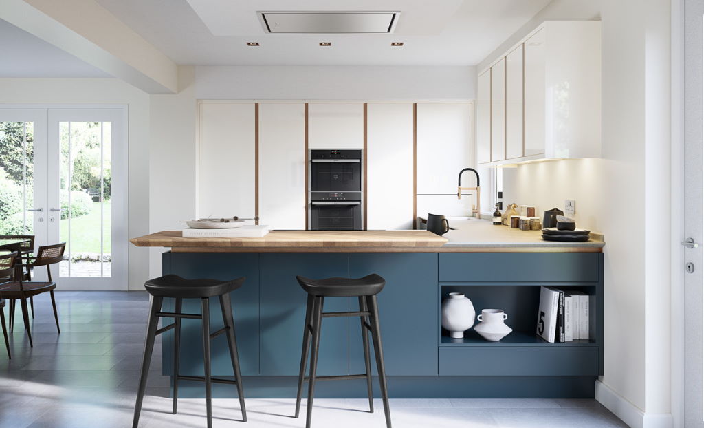 Second Nature Porter matt hartforth blue true handleless kitchen