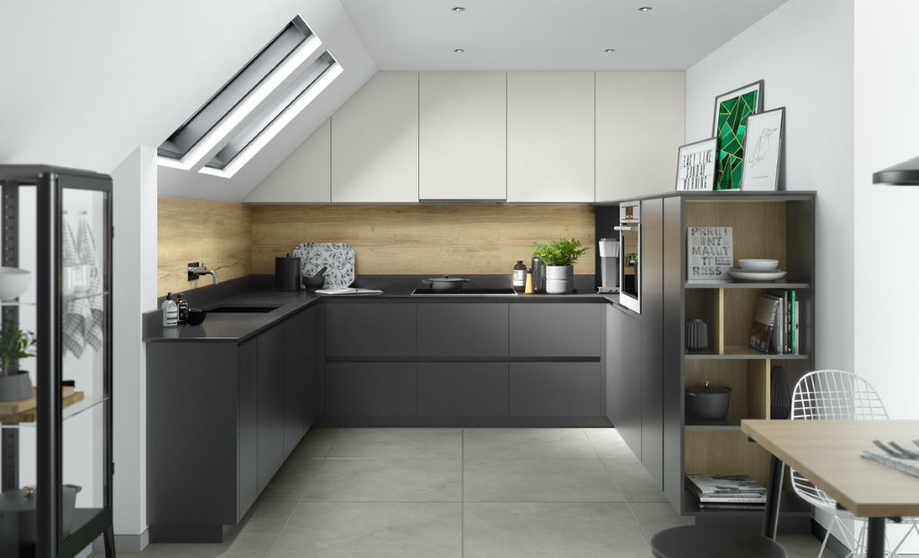 Second Nature Unity supermatt light grey true handleless kitchen